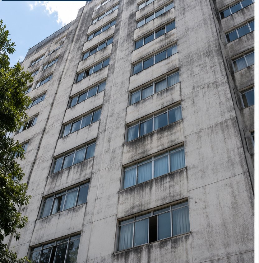 Antes — fachada de edifício residencial encardida