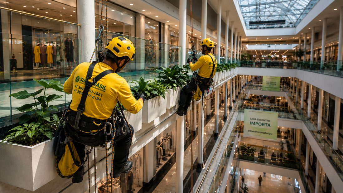 Equipe Sul Brasil em trabalho por corda no interior de shopping