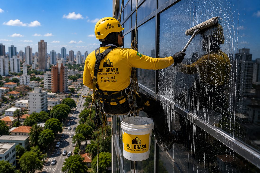 Técnico da Sul Brasil limpando fachada de vidro em altura