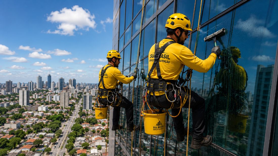 Equipe Sul Brasil em trabalho de altura em fachada de vidro